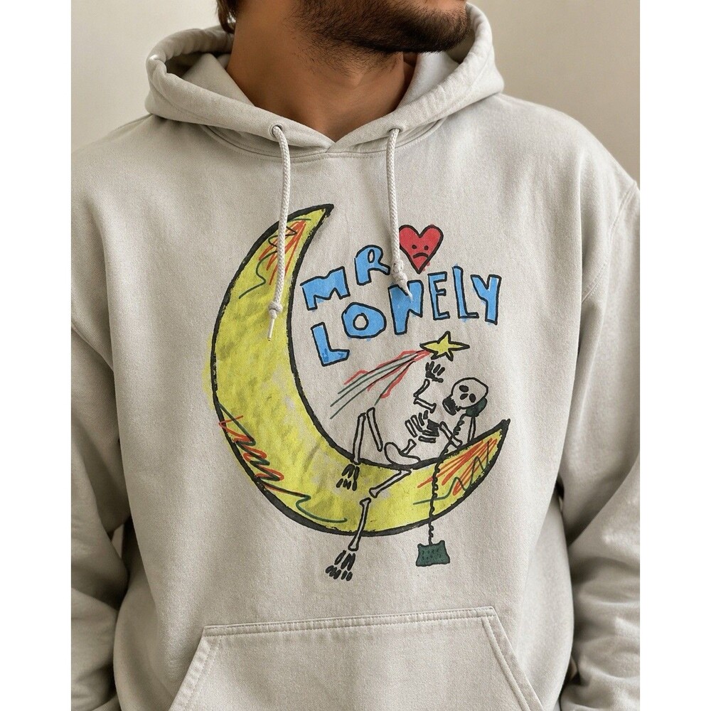 Lonely Ghost Mr Lonely Hoodie Unisex Beige Skeleton Moon Graphic Pullover XL
